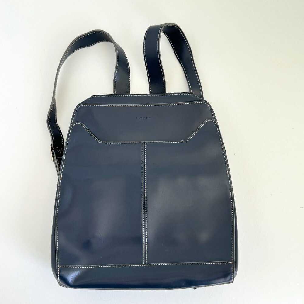 LODIS Blue Leather Backpack Bag white Stitching Smooth Shell